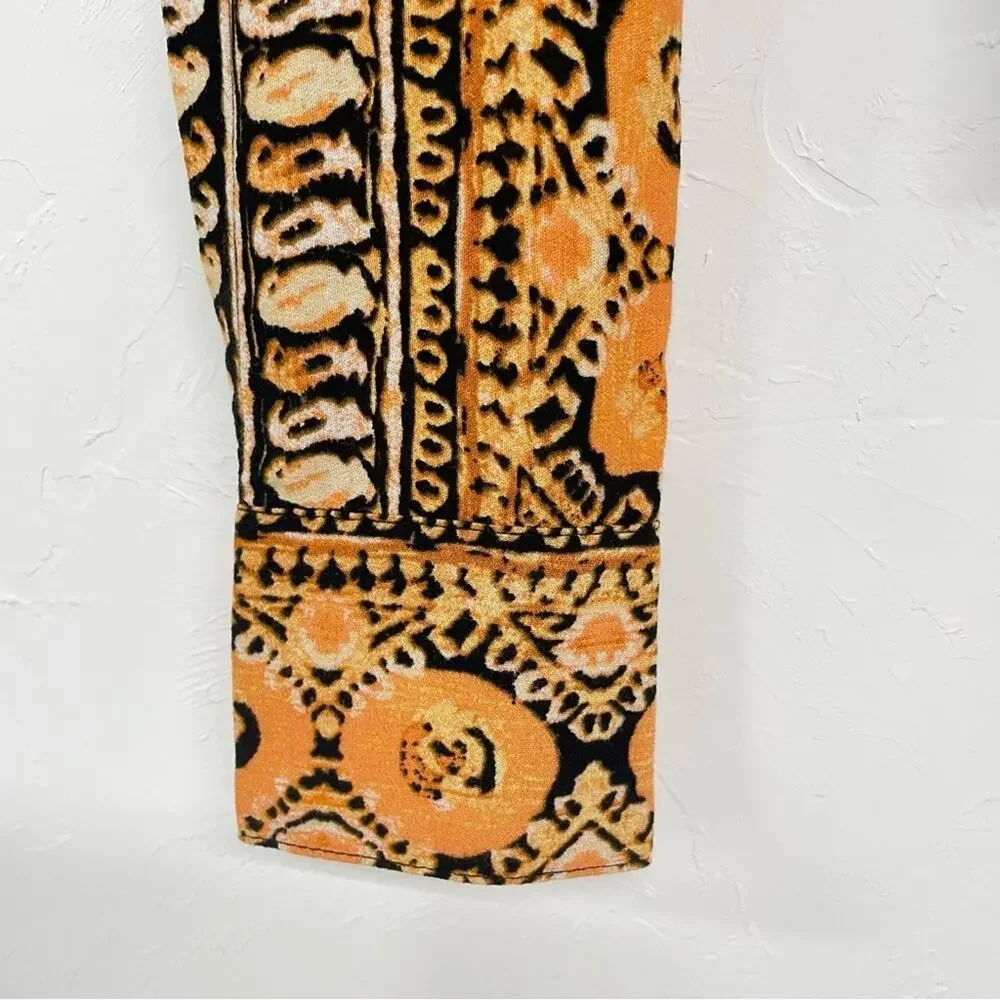 Free People Yellow & Black Printed Boho Long Sleeve Blouse Womens XS Cropped